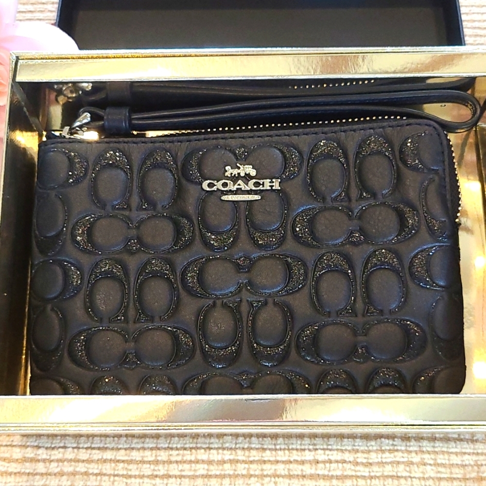 Coach boxed sparkle signature leather corner zip wristlet - Picture 1 of 14